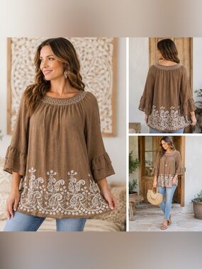 Angel Heart Boutique Beige Embroidered Peasant Tunic Top, Boho Classy Resort
